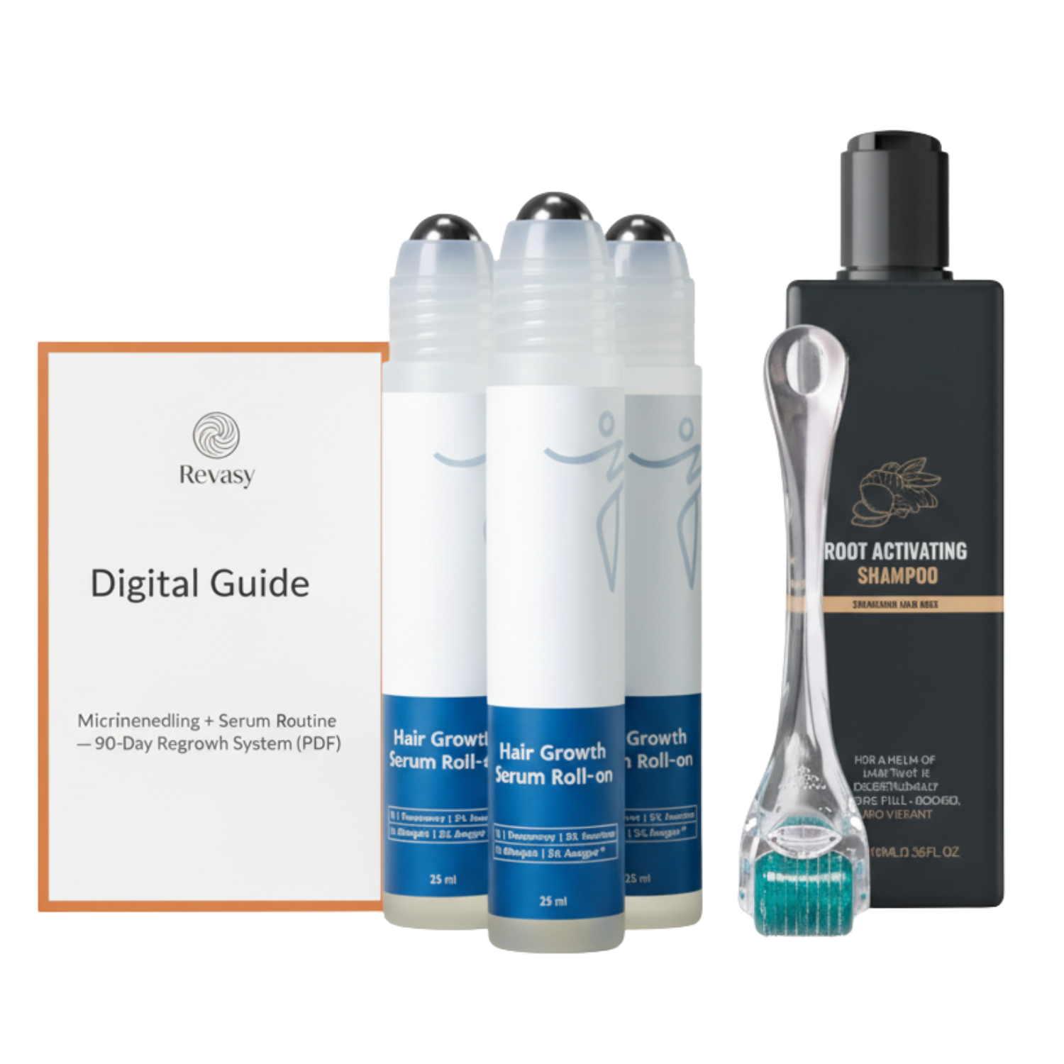 3 Revasy Roll-Ons + derma roller + shampoo + guide PDF