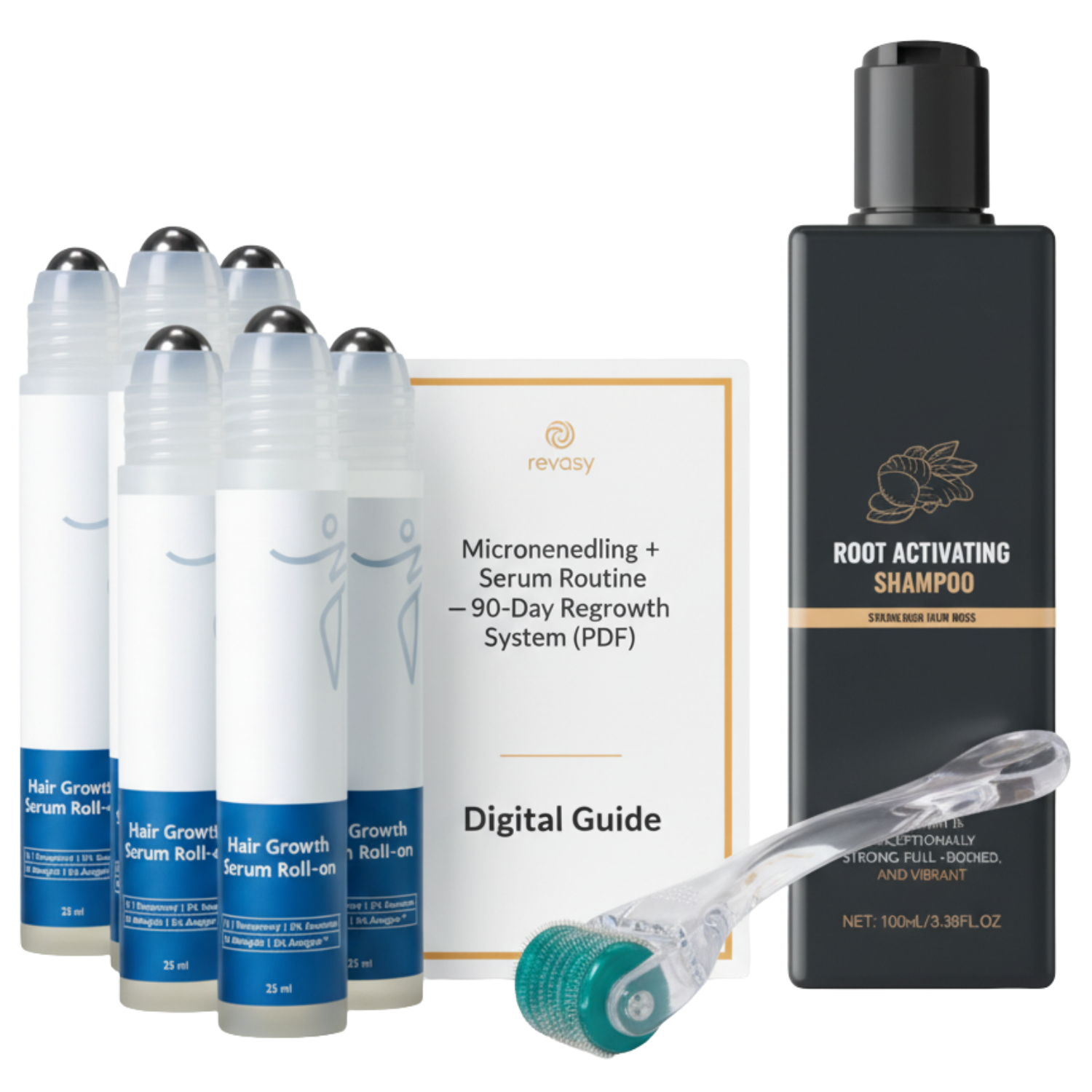 6 Revasy Roll-Ons + derma roller + shampoo + guide PDF